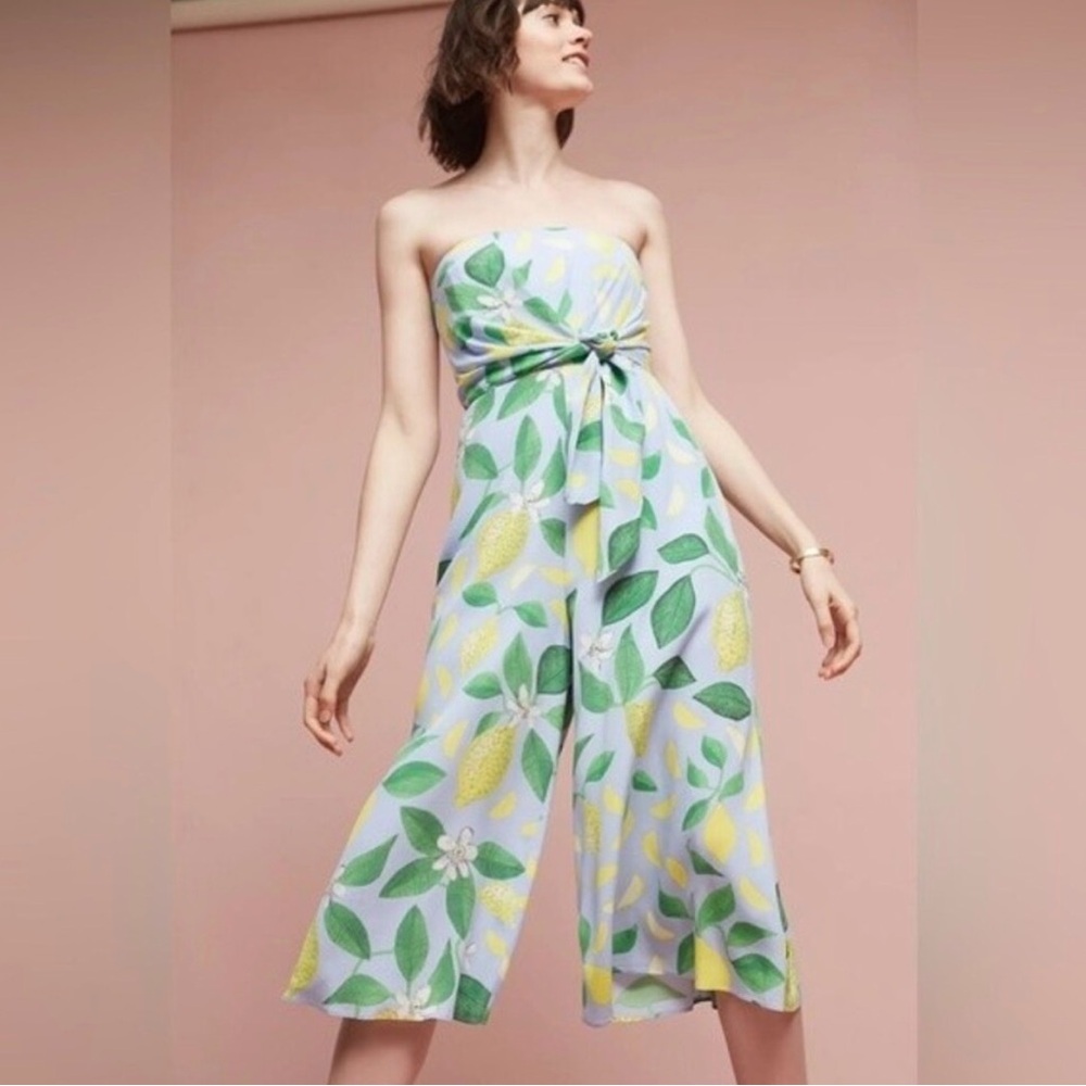 Strapless Lemon Print Jumpsuit - Yellow & Green on Light Blue